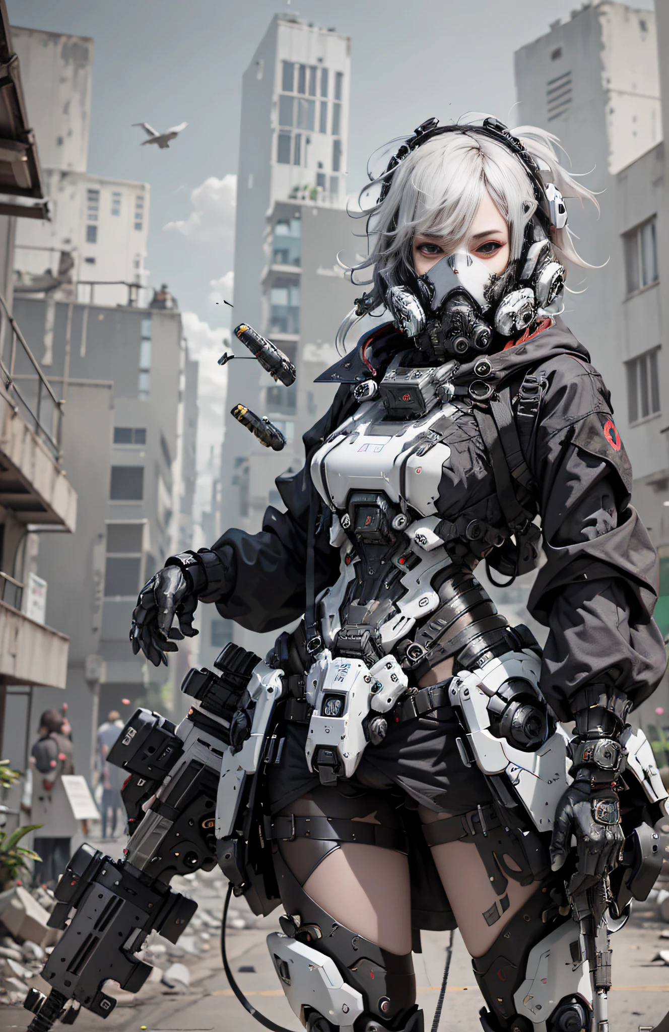 This is a super detailed, super high facial detail, high resolution and top quality CG Unity 8k wallpaper, the style is cyberpunk, mainly black and red. In the picture, a beautiful girl with white messy short hair, a delicate face, wearing a steam mecha mask, standing on the ruins, behind her is a huge robot, and the action of a woman holding a heavy sniper rifle in her hand,