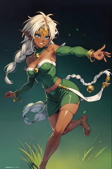 Aisha, dark-skinned_female, green_outfit, dark-skinned, bell, pointy_ears, blue_eyes, collar, circlet, neck_bell, detatched_sleeves, facial_mark, single_braid, lion_tail, cleavage, skirt_suit, jewelry , bandaged_leg, bracelet,1990s (style,retro artstyle, f...