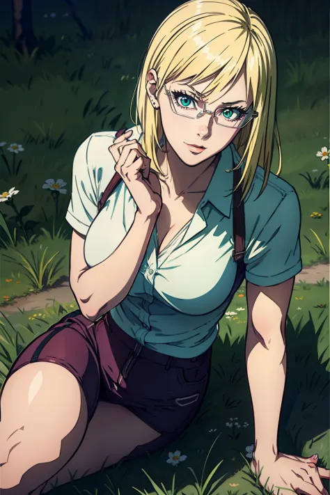 (masterpiece, best quality, ultra-detailed), 1girl, michellekd, blonde hair, green eyes, glasses, looking at viewer, grass, sitt...