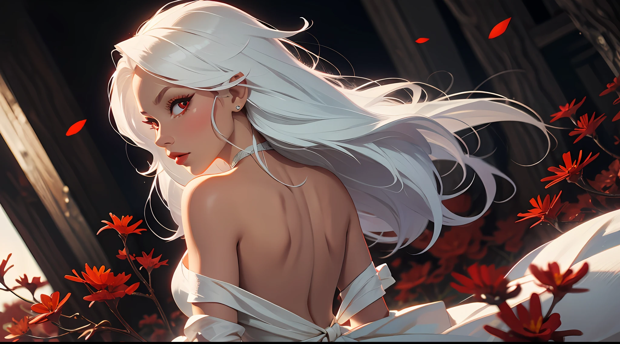 a beautiful lady, red eyes, straight hair, white hair, backless dress, from behind, looking at viewer, looking back, red spider lilies