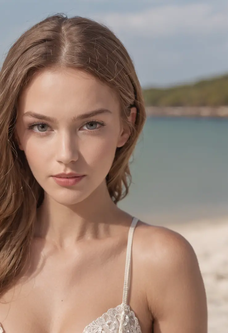 attraktives model am strand in bikini mit dunkelblonden haaren
