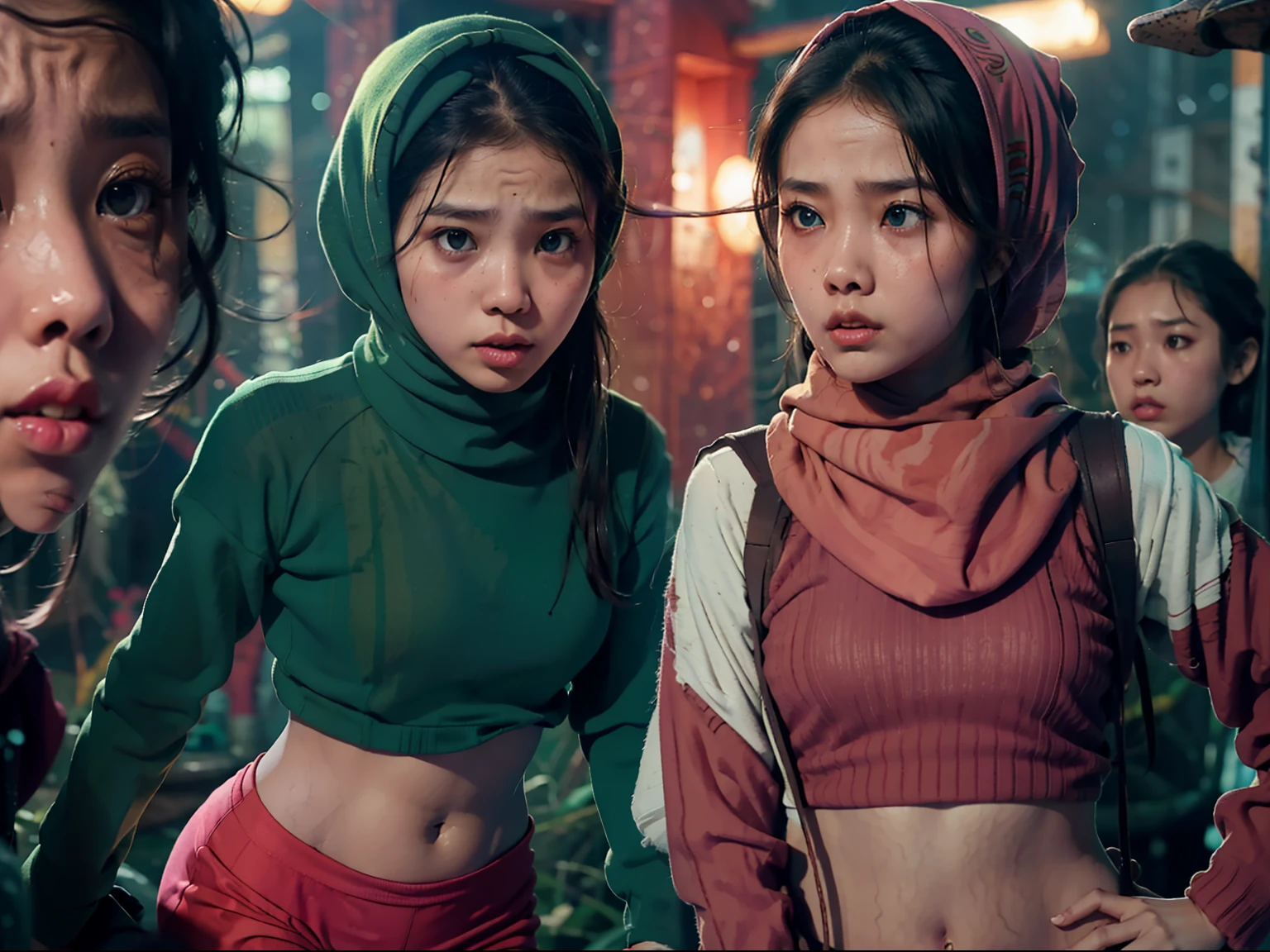 Two malay girl in hijab lost in fantasy jungle, beautiful girl, petite body, wear sweater and tight pink leggings, scared face, scared expression and body language, sweating, cinematic lighting, professional photography, ultra realistic face, bright cinematic lighting,