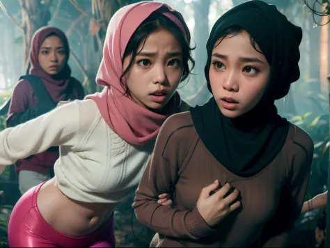 Two malay girl in hijab lost in fantasy jungle, beautiful girl, petite body, wear sweater and tight pink leggings, scared face, scared expression and body language, sweating, cinematic lighting, professional photography, ultra realistic face, bright cinema...
