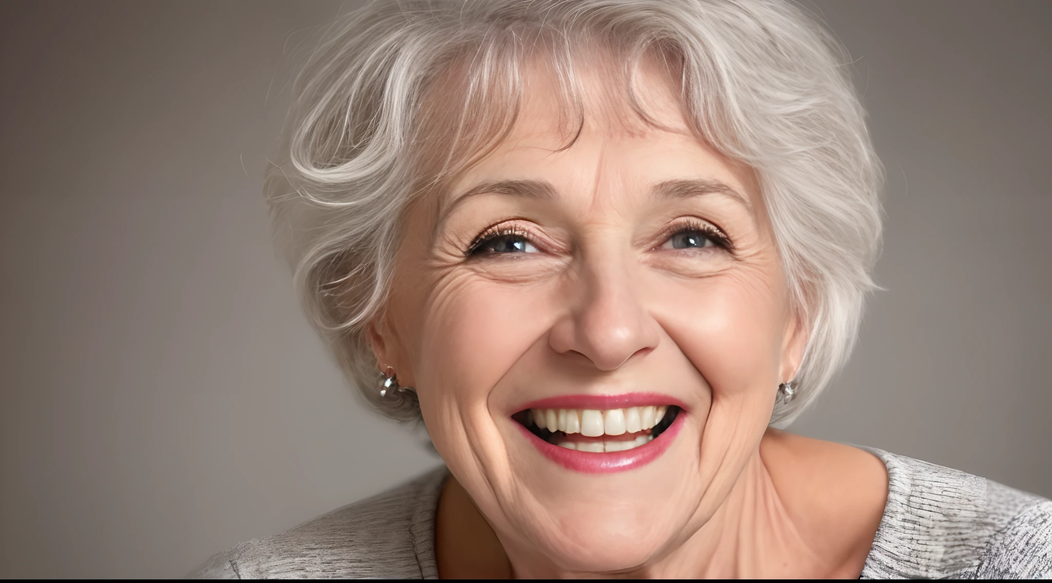 Smiling older woman with white hair and a gray sweater - SeaArt AI