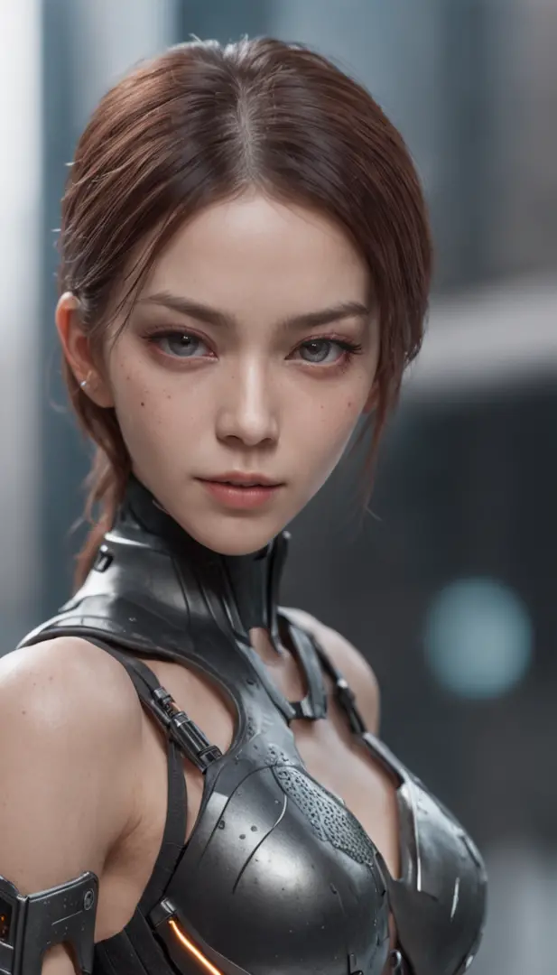 Film-graded film, dramatic scene, Photography, primitive, Masterpiece, ultra-wide-angle, Walk on a cyberpunk cityscape, ultra fine photos, (cyborg arm:1.3), Medium full shot of a female ninja wearing mech armor in chest, pelvis, and arms part, Best quality...
