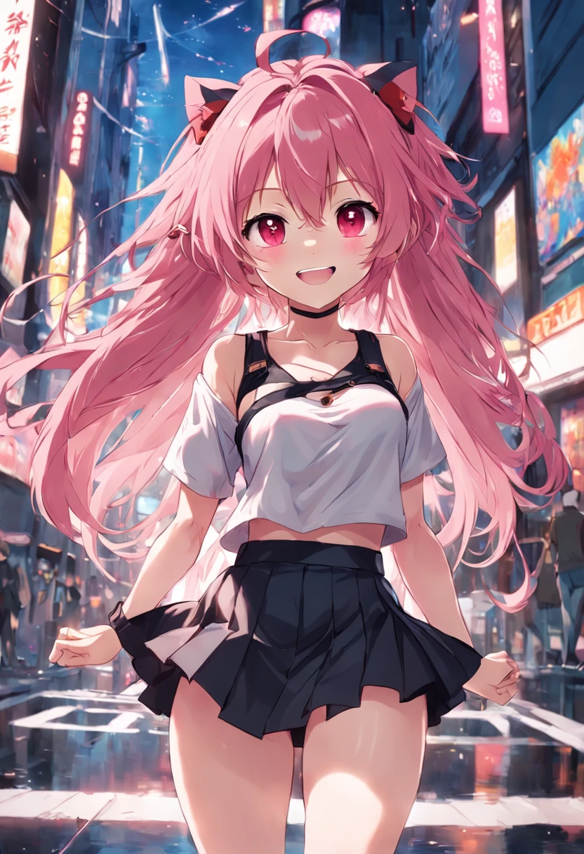 anime girl smiling, pink hair, messy hair, red eyes, cute face, girlfriend look, white top, black short skirt, around 20 years old, human