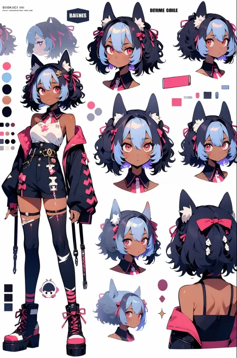 anime, refsheet, girl, anime styled, character design, 2d, decor, stitches, zombie, dog ears, black and gray, darkskin