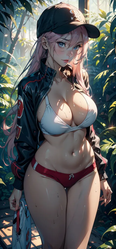 1female，35yo，slim，熟妇，gigantic cleavage breasts，Big breasts Thin waist，slenderlegs，Pornographic exposure， 独奏，（Background with：ln the forest，the rainforest，in summer） She has long pink hair，standing on your feet，Sweat profusely，drenched all over the body，see...
