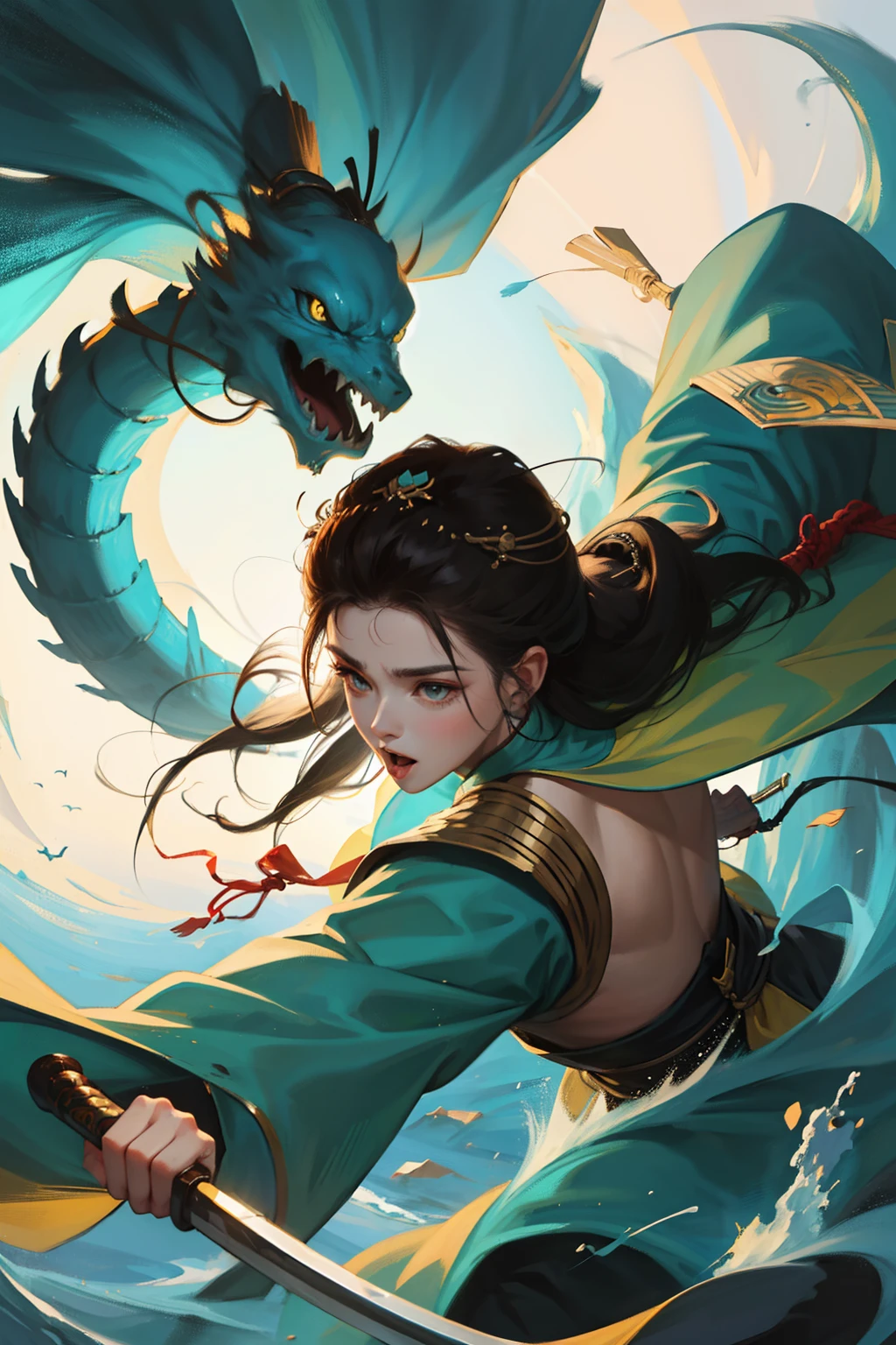 A man crouches on a dragon,gu,Wuxia,holding weapon,Add essential personnel,full bodyesbian,Half squat,Asian men,Yellow Hanfu,Fierce,Hair,Thin,holding weapon,A city in ancient China,Open mouth,Break, Dragon,(Dagon's head:1.2),A huge red Dagon's head,Huge,Open_Mouth,Close-up of Dagon's eyes,faucet,Side view,Break, Sea