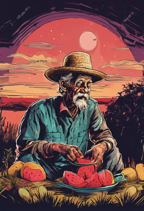Colorful drawing of old man with old straw hat clothes eating watermelon, in the background dark sky with full moon