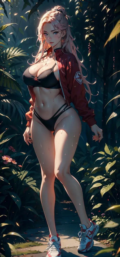 1female，35yo，Slim，熟妇，gigantic cleavage breasts，Big breasts Thin waist，slenderlegs，Pornographic exposure， 独奏，（Background with：ln the forest，the rainforest，in summer） She has long pink hair，standing on your feet，Sweat profusely，drenched all over the body，see...