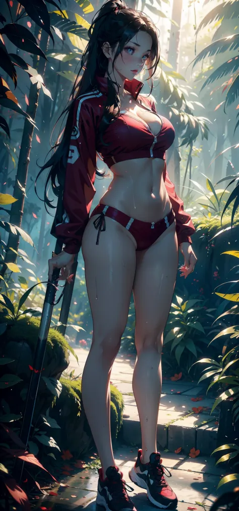 1female，35yo，Slim，熟妇，gigantic cleavage breasts，Big breasts Thin waist，slenderlegs，Pornographic exposure， 独奏，（Background with：ln the forest，the rainforest，in summer） She has long pink hair，standing on your feet，Sweat profusely，drenched all over the body，see...