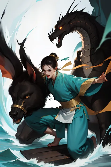 A man crouches on a dragon,gu,Wuxia,holding weapon,Add essential personnel,full bodyesbian,Half squat,Asian men,Yellow Hanfu,Fie...
