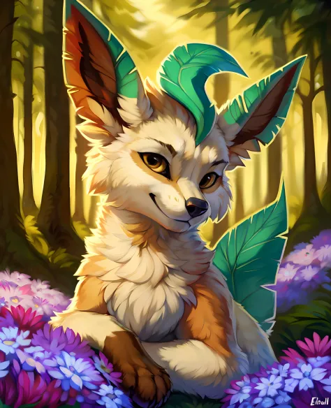 solo, leafeon, portrait, (feral), paws, looking at viewer, anatomically correct, ((symmetrical)), forest, flower,  detailed back...