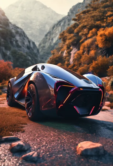 Futuristic car with aerodynamic lines, Realistic details and vivid painting. Rodas esportivas que ressaltam a agressividade do design. In a setting of stunning nature, This incredible car stands out, cor cinza, LED headlights, imagem em 4k