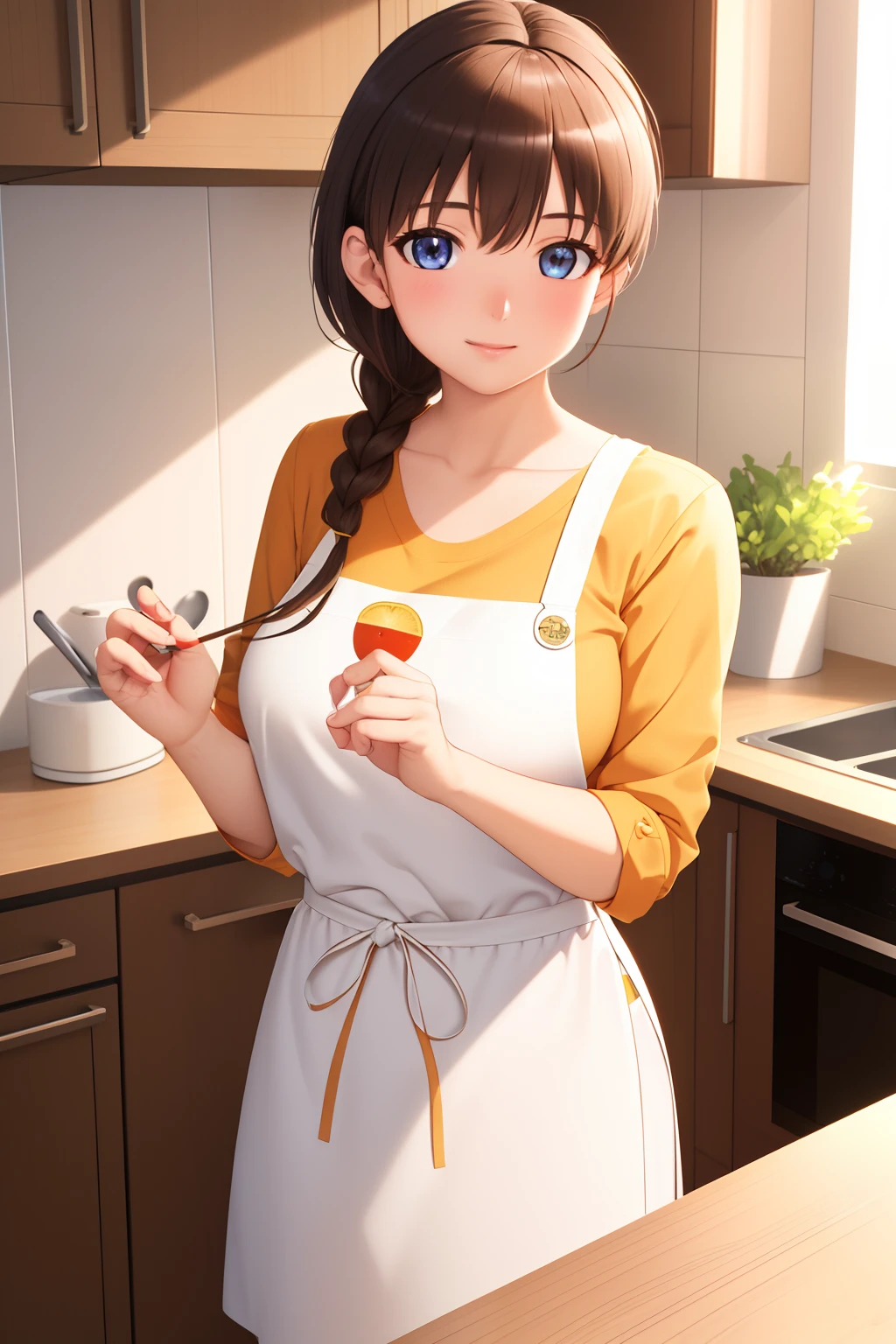 Indoors, In a kitchen,
Stand on the floor,
aprons, 鎖骨, (Yellow_shirt),
bangs, Brown hair, Blue eyes,Single braid, orange hairband, 
1 girl, 20yr old,younger female,Beautiful Finger,Beautiful long legs,Beautiful body,Beautiful nose,Beautiful character design, Perfect eyes, Perfect face,Expressive eyes,
view the viewer, In the center of the image,(The upper part of the body_Body),(Focus on her face),
offcial art,Extremely detailed Cg Unity 8K wallpapers, Perfect lighting,Colorful, Bright_Front_face_lighting,Shiny skin,
(Masterpiece:1.0),(Best_quality:1.0), 超A high resolution,4K,Ultra-detailed,
Photography, 8K, hdr, A high resolution, absurderes:1.2, Kodak Portra 400, filmgrain, The background is blurred out, Bokeh:1.2, Lens flare, (vibrant_Color:1.2)
(Beautiful,Breasts), (Beautiful_face:1.5),(Narrow_waistup),