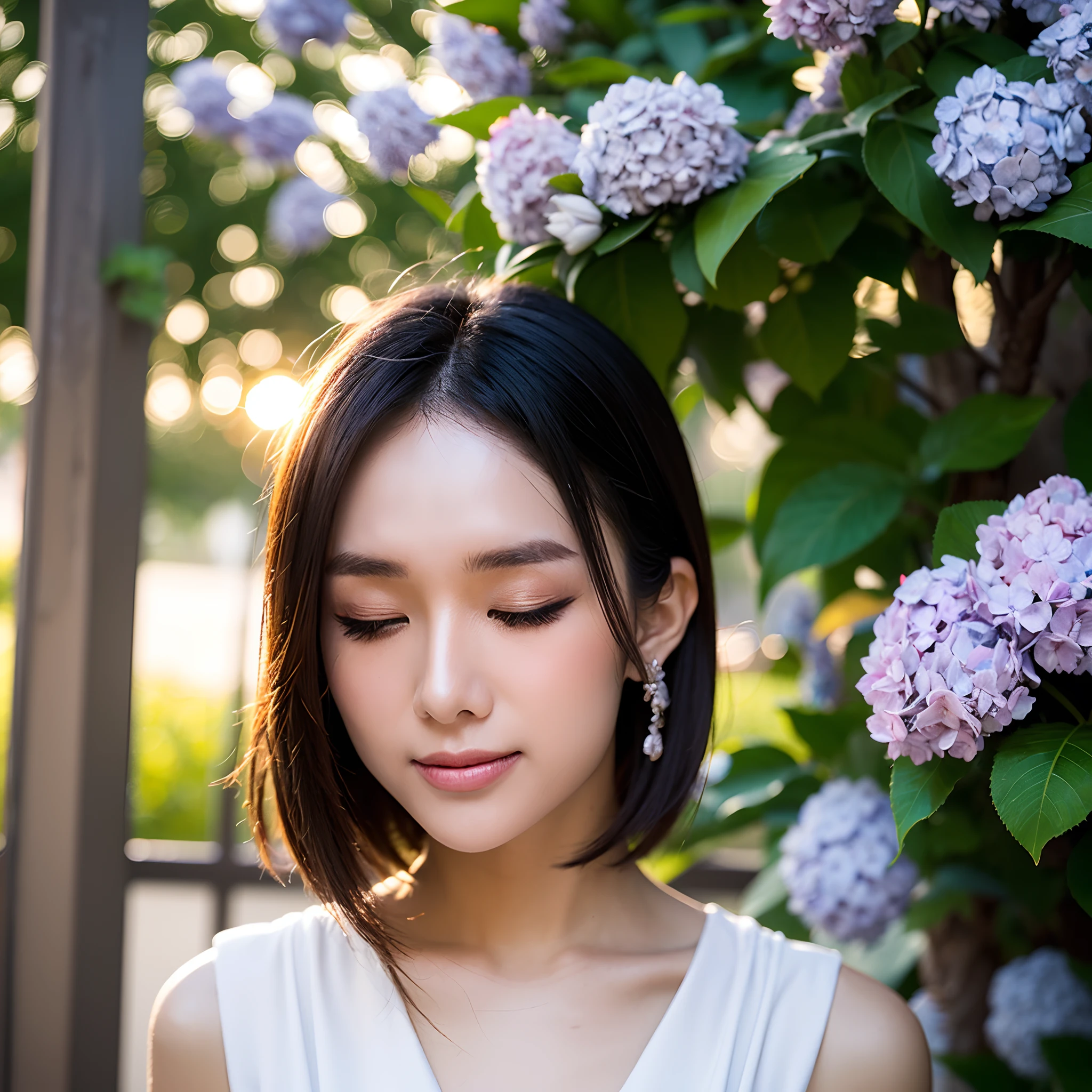 (((Upper body photo, medium shot)))), ((Single eyelid))),(Sunset backlight))),((Lens flare)),((Lens flare)),(In Chinese garden in china clothes)),((Super Soft Focus))))), smiling, (Profile)))))), (Eyes closed)))), twilight, showeringSurrounded by colorful hydrangeas, hydrangeas in the background, ((soft sunset)), (yinchuan:1.5), masterpiece, best quality, raw photo, photorealistic, face, beautiful girl, cute, short hair, (((depth of field)))), high resolution, ultra detail, fine detail, very detailed, cinematic lighting