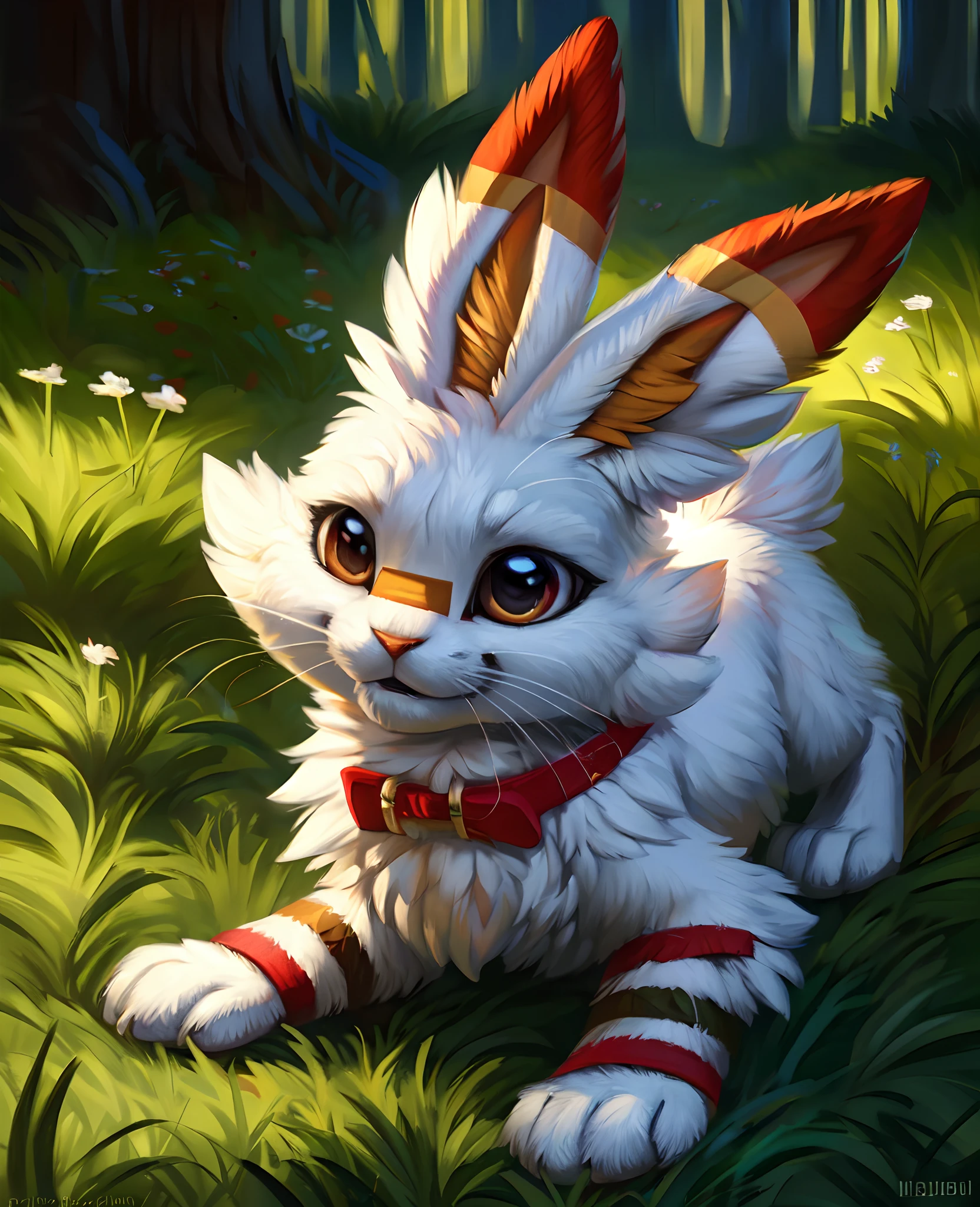 rabbit, arvalis, fur detail, stylized, (beautiful texture) solo, pokemon, ((rj palmer)), scorbunny, whiskers, fur, no humans, realistic, detailed, hi res, nature background, grassy, photography style, hd, depth of field, Masterpiece, Best Quality, Ultradetailed, Detailed Background, Johfra Bosschart, Jules Bastien-lepage, Enki Bilal, Howard Chandler Christy, By Hioshiru, Snowskau, Foxovh, By Michael & Inessa Garmash, Ruan Jia, Pino Daeni,