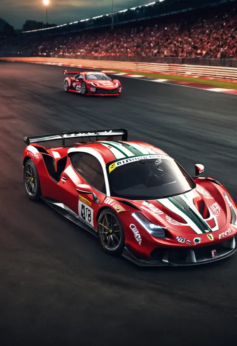 "an Quority(ferrari 488 gt3)Racing cars race around the city circuit at night，A breath of blood and speed。"