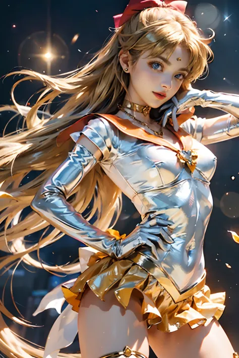 full: 1.3, Stand, Masterpiece, 。.3D, Realistic, Ultra-micro photo, Top quality, Ultra detailed CG Unity 8K wallpaper, From below, Intricate details, (1 female), 18 years old, (SV1, Sailor senshi uniform, Orange skirt, Elbow gloves, head gear, Orange sailor...