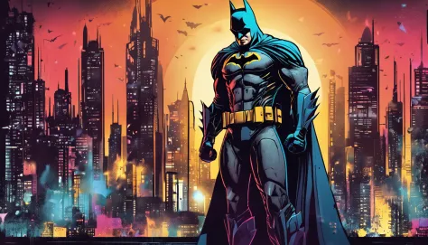 Batman in brushed steel uniform, cybernetic, His uniform is reflective, Robocore, Neon, Blurry city lights in the background, It's dark night, movie scene, DARK SETTING, palette colors, conveying the exotic
