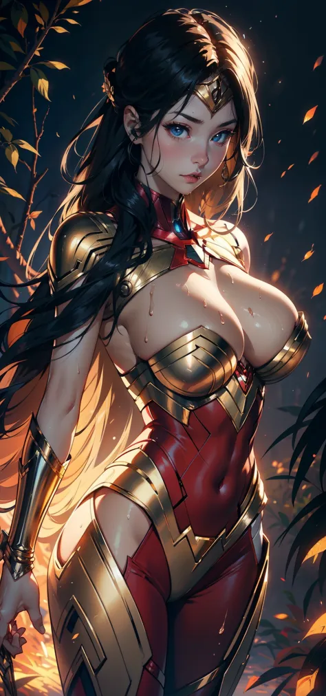 1female，35yo，Slim，熟妇，gigantic cleavage breasts，Big breasts Thin waist，slenderlegs，Pornographic exposure， 独奏，（Background with：ln the forest，the rainforest，in summer） She has long blonde hair，standing on your feet，Sweat profusely，drenched all over the body，s...