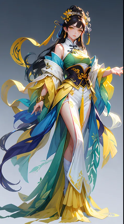 Game Character, East Asian Original Art Character Design, 1girl, solo, brunette hair, full body, hair accessory, dress, long hai...