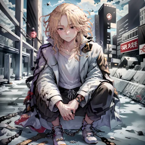 mikey, manjiro_sano, tokyo_revengers, 1boy, male focus, blonde hair, black eyes, squatting, pants, shirt, long sleeves, solo, wh...