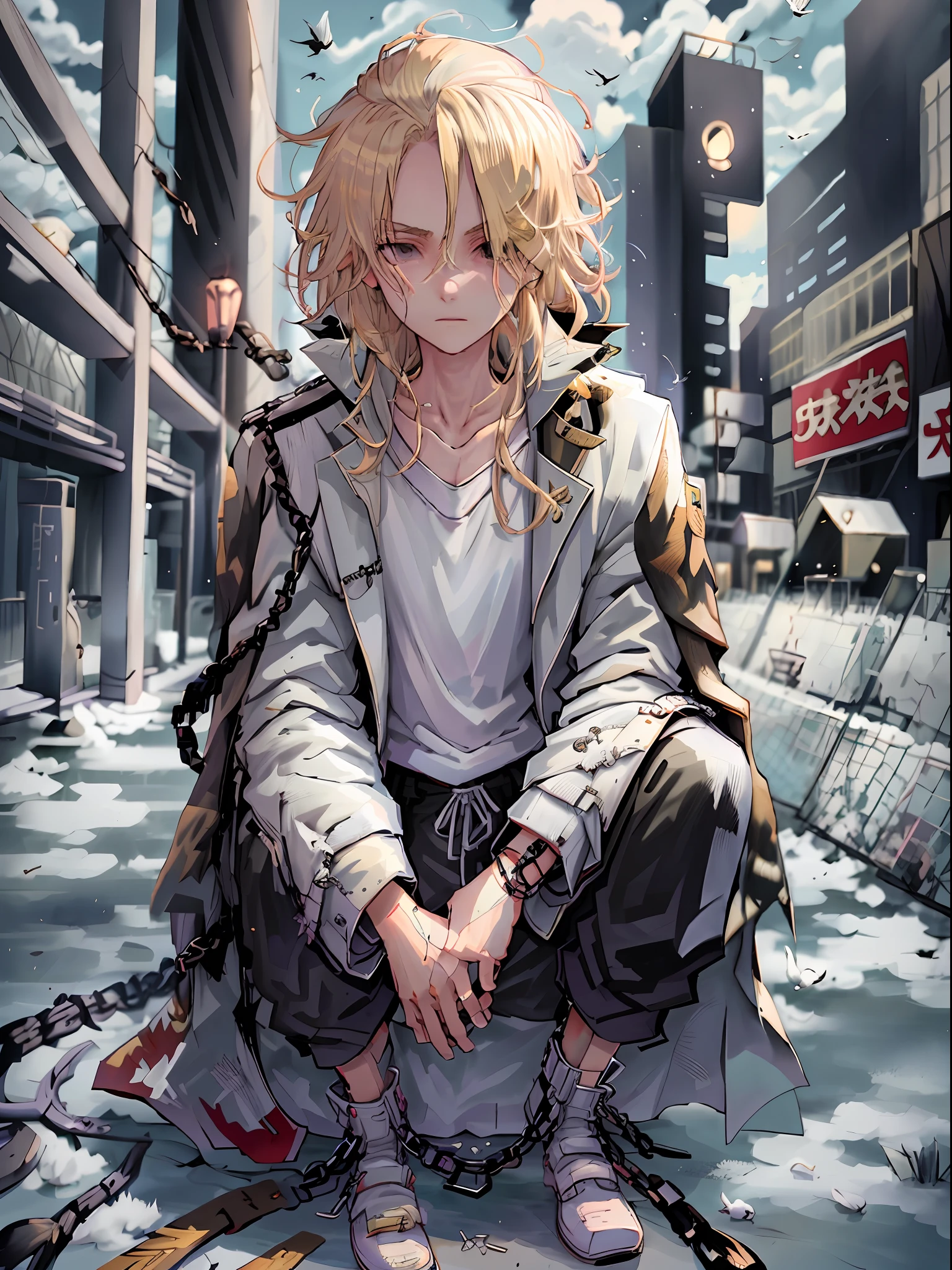 mikey, manjiro_sano, tokyo_revengers, 1boy, male focus, blonde hair, black eyes, squatting, pants, shirt, long sleeves, solo, white shirt, full body, jacket, outdoors, hair over one eye, jacket on shoulders, long hair, looking at viewer, closed mouth, empty eyes, black pants, coat, medium hair, white footwear, coat on shoulders, feathers, fence, bird, shoes, chain-link fence