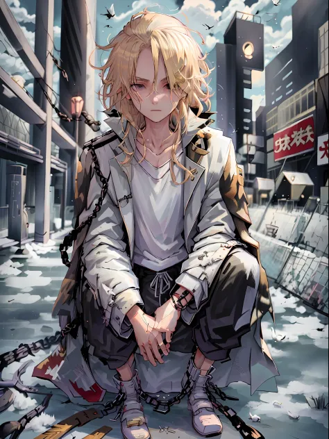 mikey, manjiro_sano, tokyo_revengers, 1boy, male focus, blonde hair, black eyes, squatting, pants, shirt, long sleeves, solo, wh...