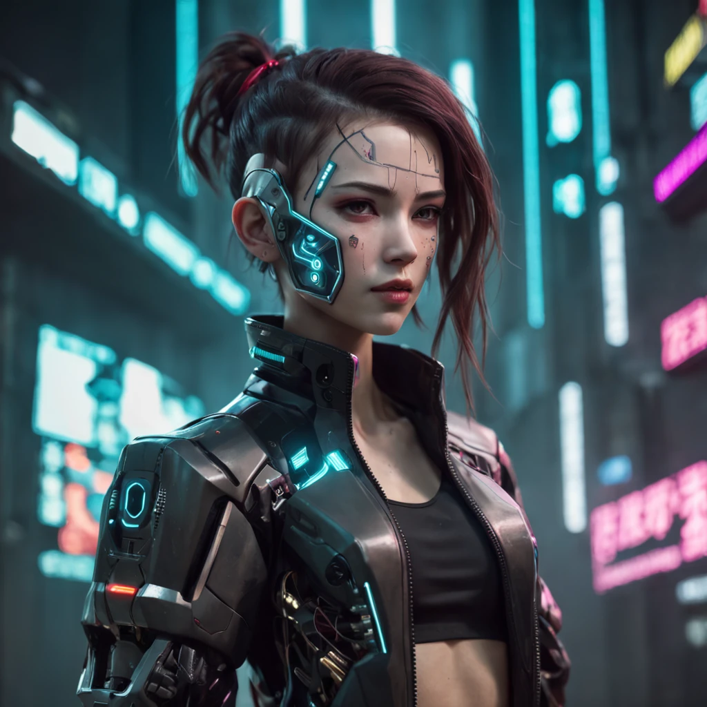 Uma mulher com uma parte robótica, ::estilo futurista cyberpunk, estilo realista, ::n_style pintura digital, Peças de forma. rosto deformado