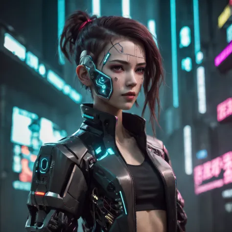 A woman with a robotic part, ::style futurista cyberpunk, estilo realista, ::n_style pintura digital, Shape Parts. rosto deformado