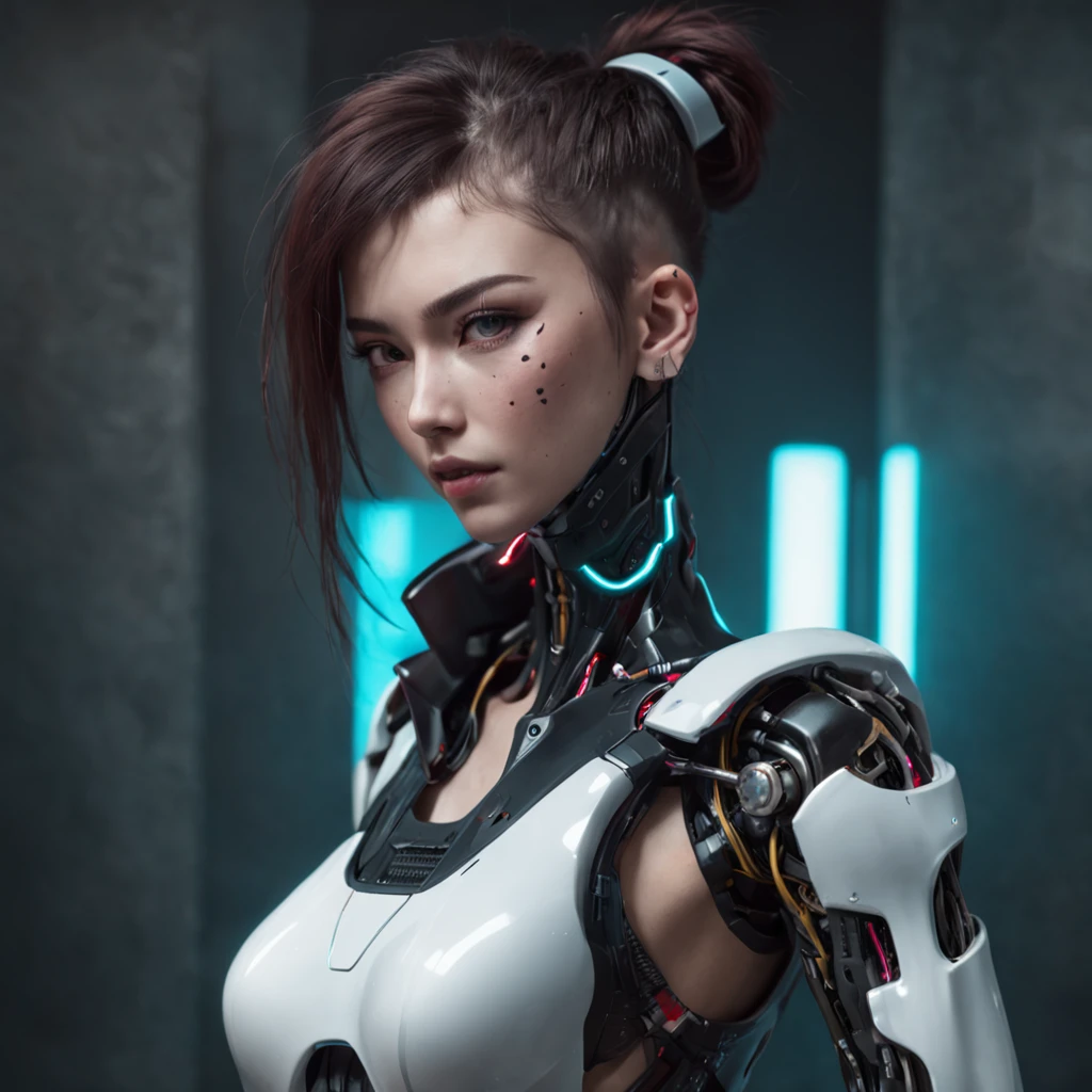 A woman with a robotic part, ::style futurista cyberpunk, realistic style, ::n_style digital painting, Shape parts. deformed face