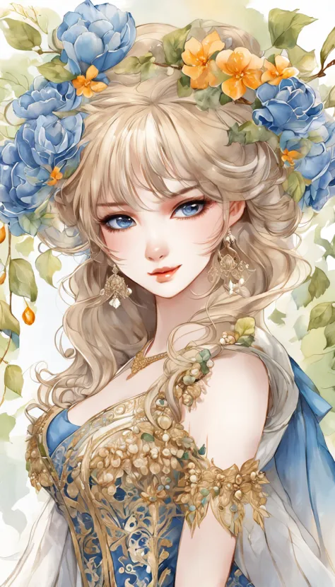best quality, highly detailed, ultra-detailed, illustration, masterpiece,extremely detailed eyes and face, incredibly_absurd resolution, (blonde hair) , 1girl, wearing a blue meticulously crafted and luxurious gown showcasing intricate details, exquisite t...