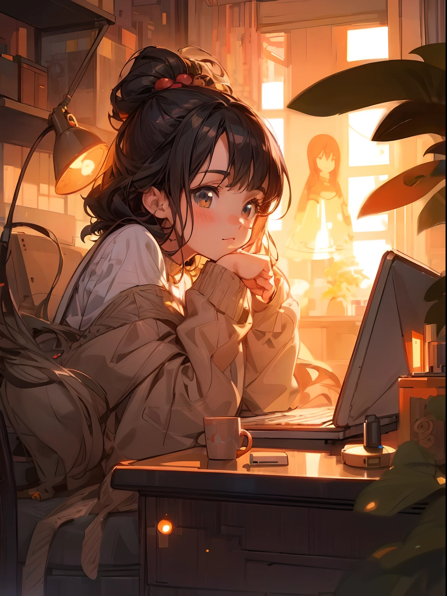 anime girl sitting at a desk with a computer and a cat, digital anime illustration, anime style 4 k, lofi artstyle, anime style illustration, lofi portrait, detailed digital anime art, anime vibes, lofi girl, digital anime art, cute detailed digital art, artwork in the style of guweiz, anime style. 8k