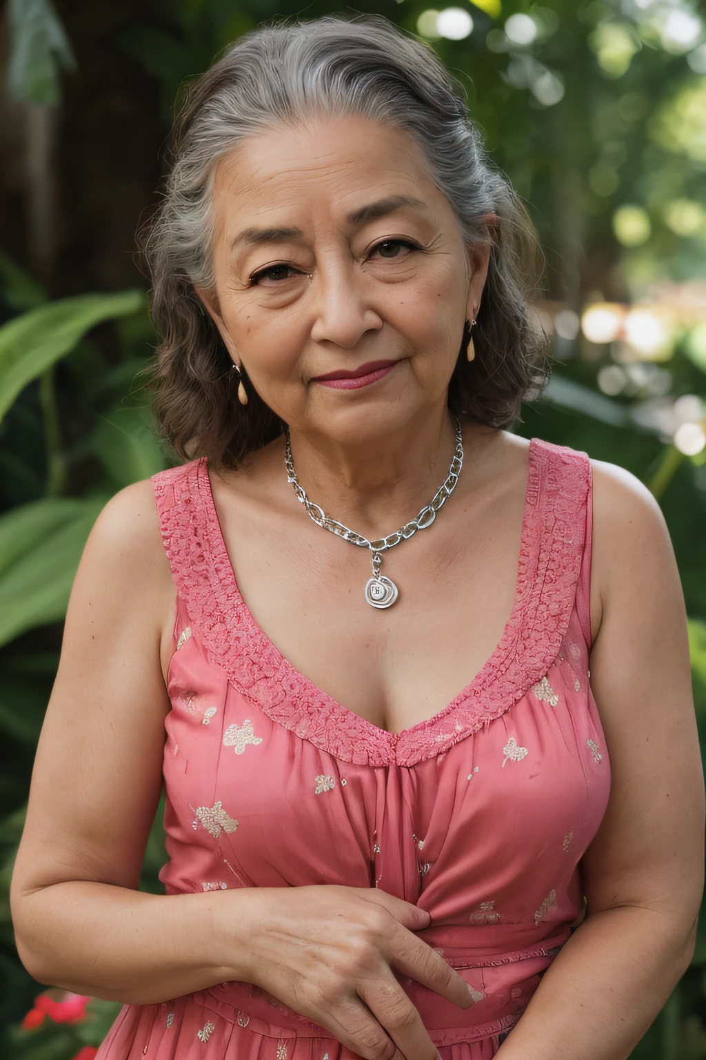 Foto RAW, portrait of a beautiful 70 year old woman, wrinkled face, pink summer dress, full sharp, face detailed, blue colored eyes, (highly detailed skin:1.2), 8K  UHD, dslr, soft lighting, high qualiy, filmic grain, Fujifilm XT3. chain in the neck,Ablaze