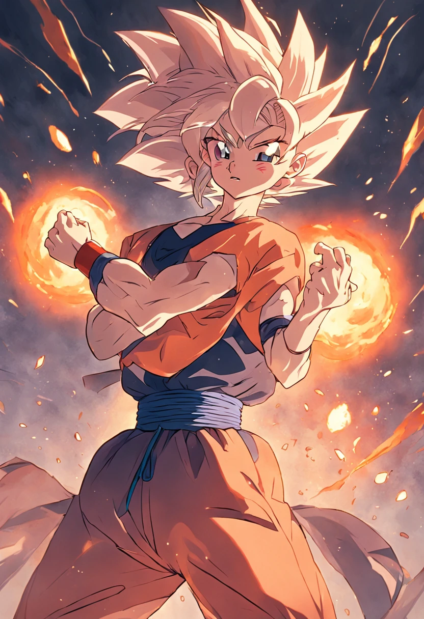 Personaje femenino al estilo Dragon Ball, Sensual and dynamic fighting pose, Fist in front