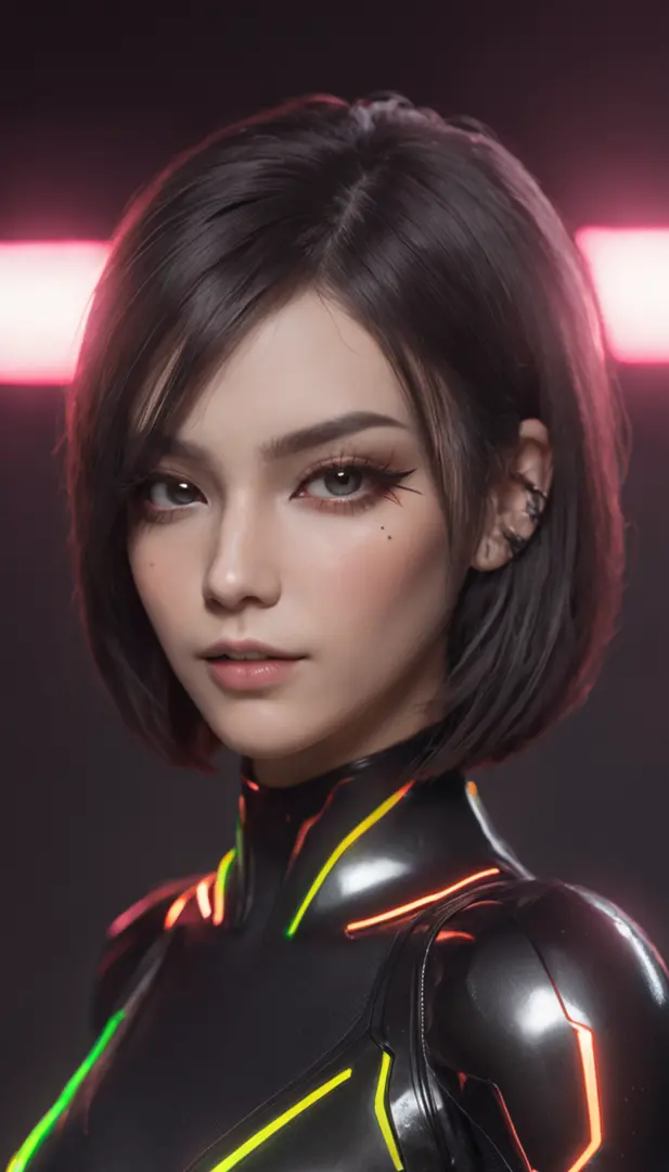 best quality, highly detailed, ultra-detailed, illustration, masterpiece,extremely detailed eyes and face, incredibly_absurd resolution, (A sharp asymmetrical bob with vibrant neon streaks hair) , 1girl, wearing A sleek black bodycon mini dress with metall...
