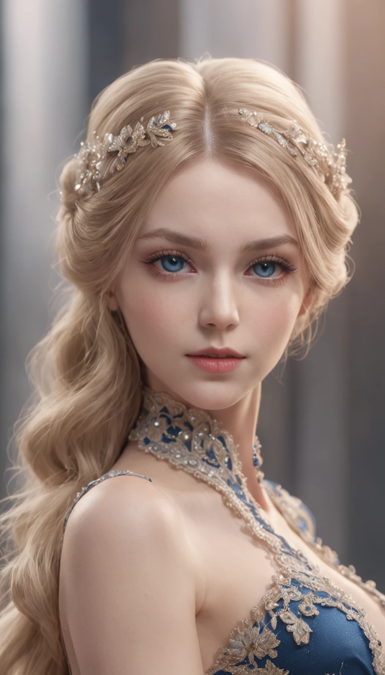 best quality, highly detailed, ultra-detailed, illustration, masterpiece,extremely detailed eyes and face, incredibly_absurd resolution, (blonde hair) , 1girl, wearing a deep ocean blue meticulously crafted and luxurious gown showcasing intricate details, exquisite tailoring, and opulent fabrics, slim waist, light smile, whole body, facing towards the viewers, dynamic pose