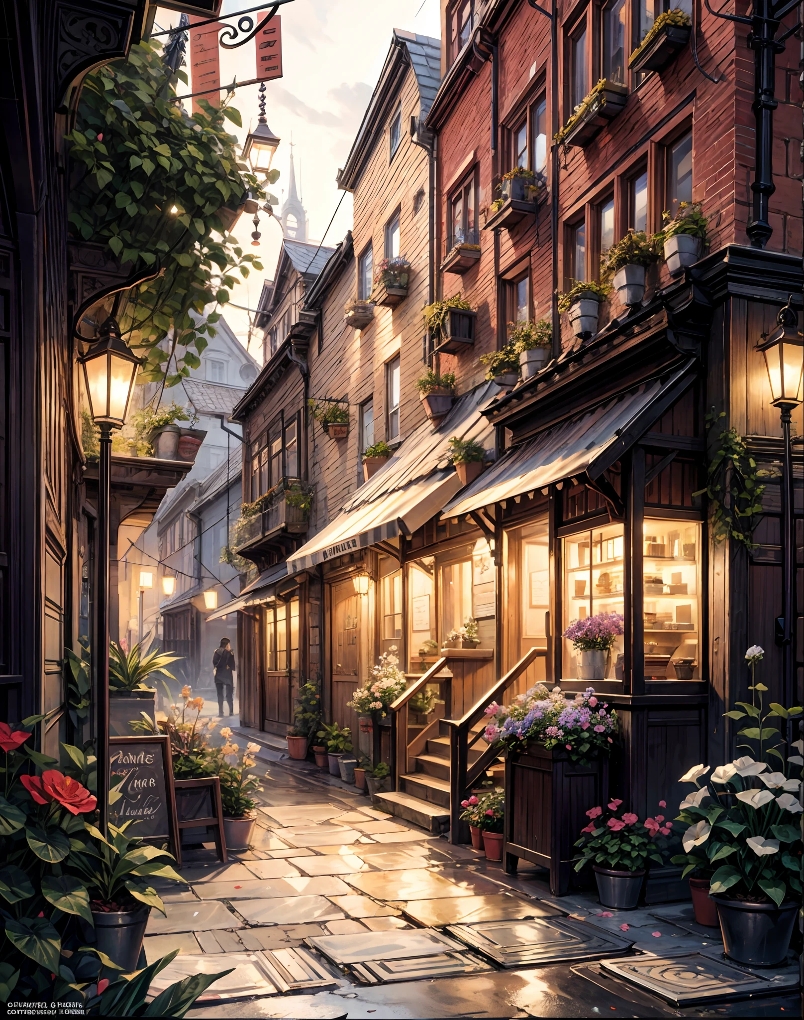 there is a street with many flowers and plants on it, unreal engine ; romantic theme, cozy cafe background, city street cinematic lighting, pleasant cozy atmosphere, gorgeous atmosphere, flower shop scene, magical atmosphere, dreamy atmosphere, beautiful atmosphere, photorealistic streetscape, beautiful render of a fairytale, beautiful digital artwork, beautiful ambience, beautiful ambiance, a bustling magical town