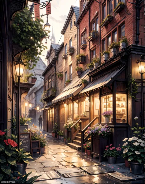 there is a street with many flowers and plants on it, unreal engine ; romantic theme, cozy cafe background, city street cinemati...
