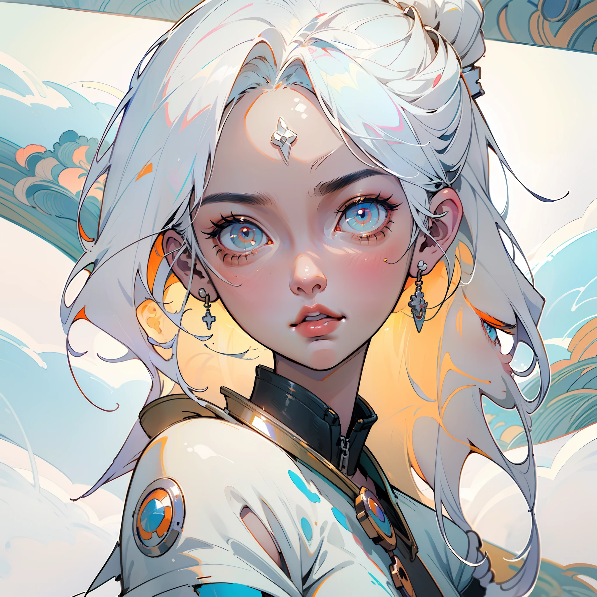 close-up of a woman with white hair and white mask, Hermosa pintura de figuras, Guviz, Ilustraciones de estilo Guvitz, Dios de pelo blanco, Yang J, epic exquisite character art, Impresionante arte de personajes, Fan Qi, Wu Jun Shifan, Gu Vitz at pixiv art station, espada, cuchillo, pistola, cyborg, (((masterpiece))), dynamic angle, uhd, 16k