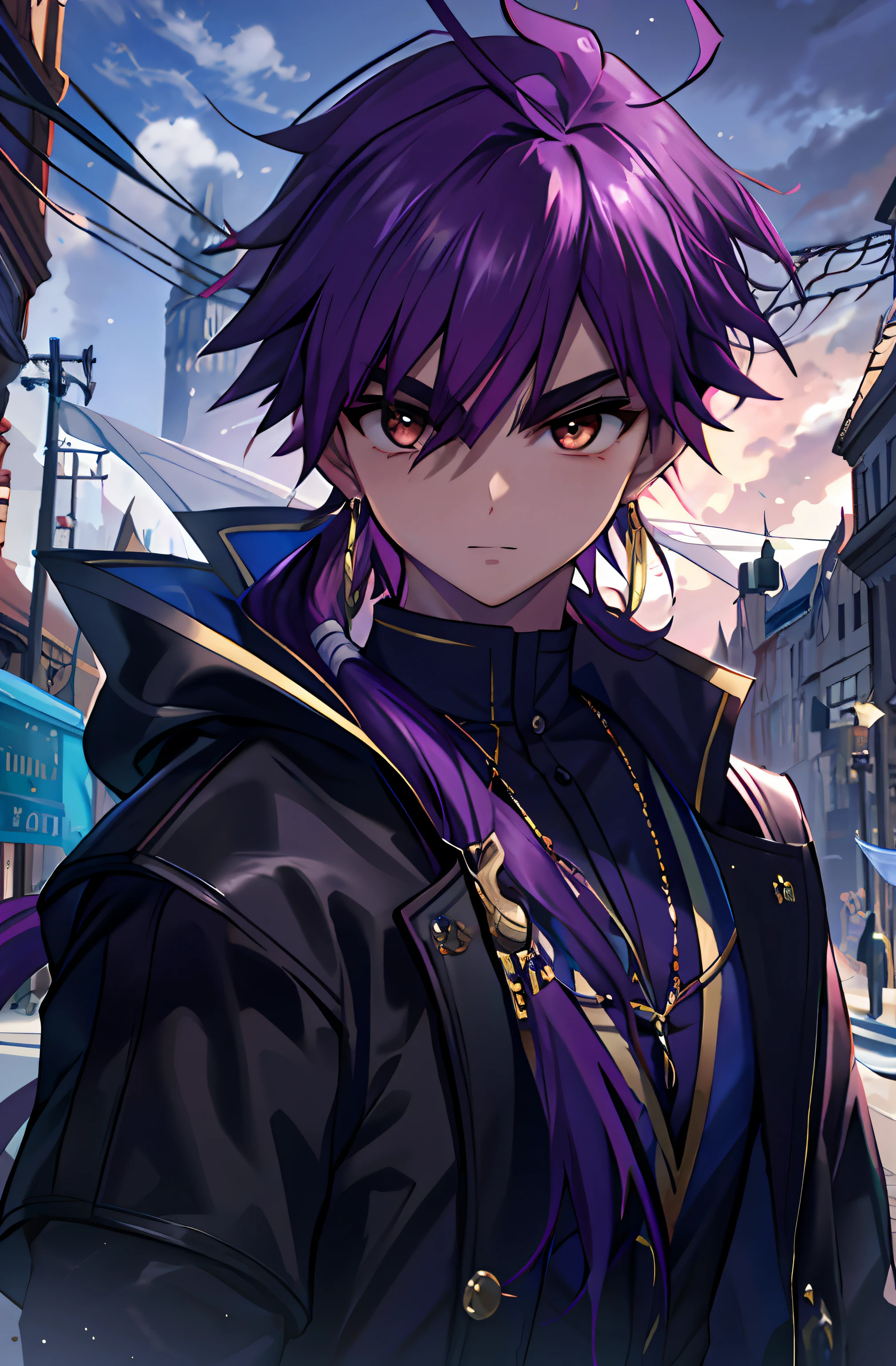 Masterpiece, Best quality, High quality, 1boy, Solo, Male focus, view the viewer, Upper body, Sinbad_maggie, Purple hair, jewelry, Long hair, Brown eyes, pony tails, Coat