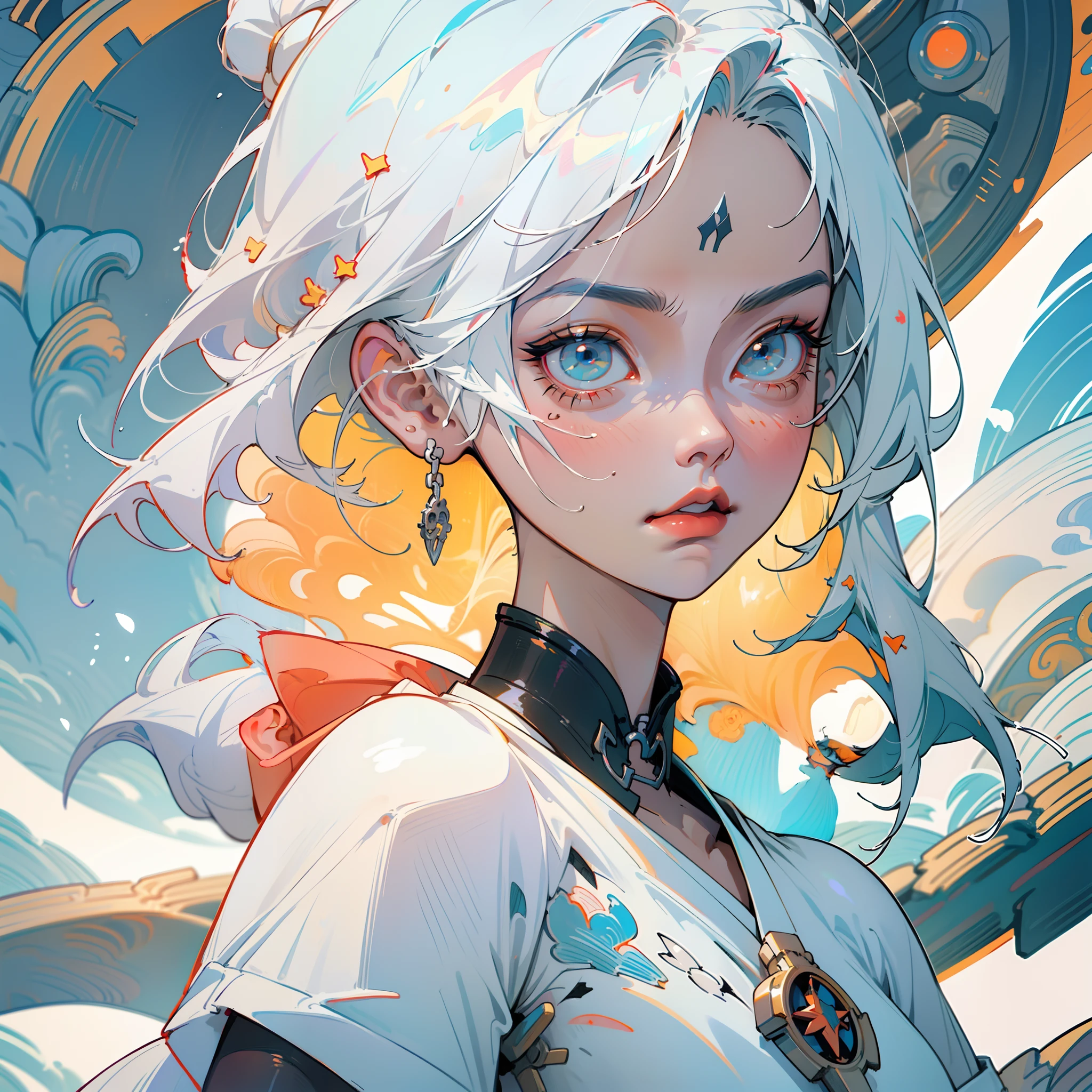 close-up of a woman with white hair and white mask, Beautiful figure painting, Guviz, Guvitz style illustrations, white haired god, Yang J, epic exquisite character art, awesome character art, Fan Qi, Wu Jun Shifan, Gu Vitz at pixiv art station, sword, knife, pistol, cyborg, (((masterpiece))), Dynamic Angle, UHD, 16k