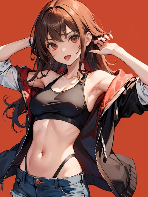 (((1girl))), hands up, brown long hair, tank-top, jacket, open shoulder, cowboy shot, bikini, medium breast, red background, open mouth, stick out her tongue out at viewers, red eyes, flushed, yumeko jabami