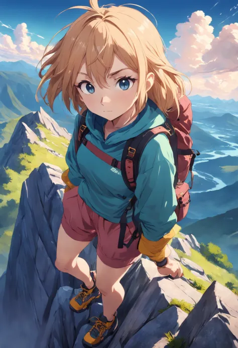 masterpiece), a cute girl climbing a mountain, mountaineering , (high  angle), adrenaline - SeaArt AI