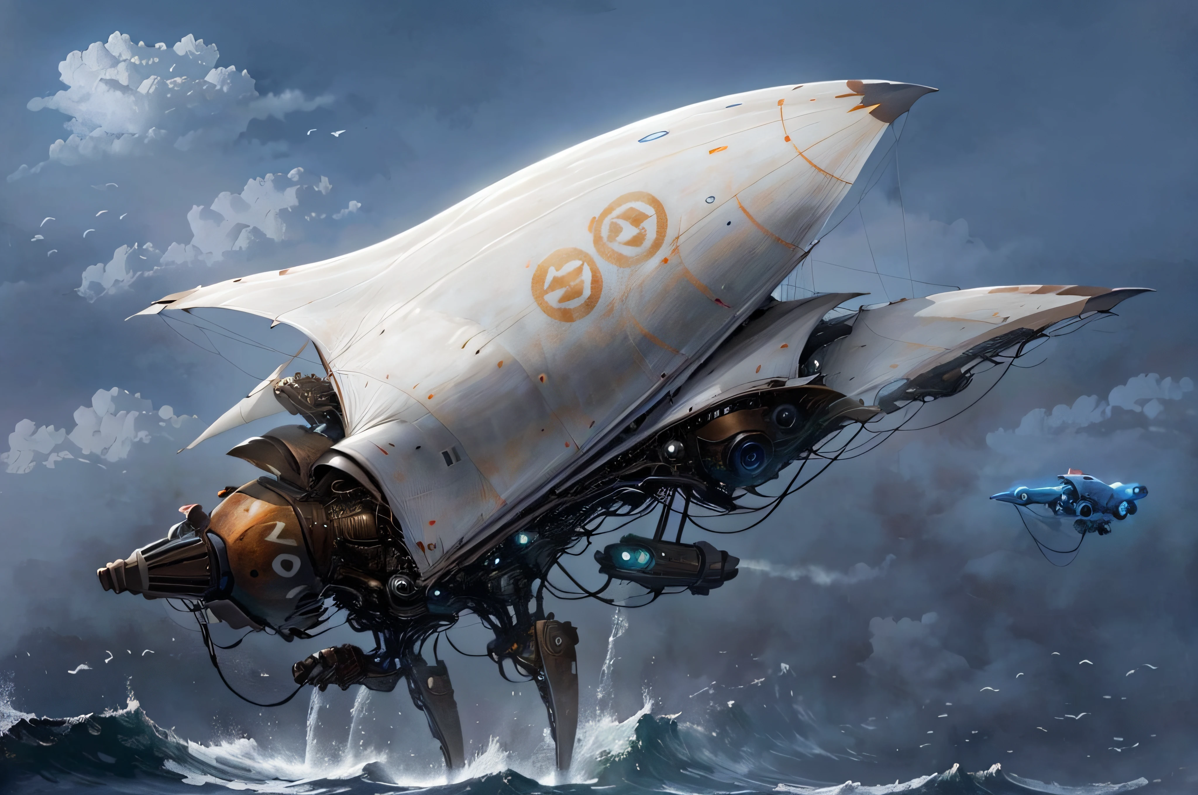 Super Sailboat Boat with big white sails and white hull flying among clouds and seagulls, down in the very rough sea with huge giant waves trying to catch the ship