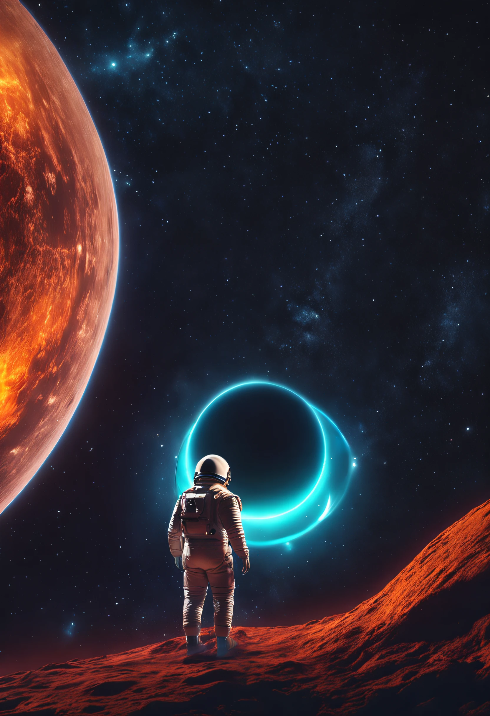 An animation of an astronaut approaching a black hole 8k cinematico e realista