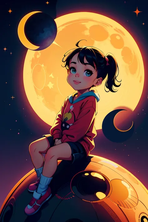 a cartoon girl sitting on top of a large ball in front of a full moon, adorable digital painting, cute detailed digital art, dig...