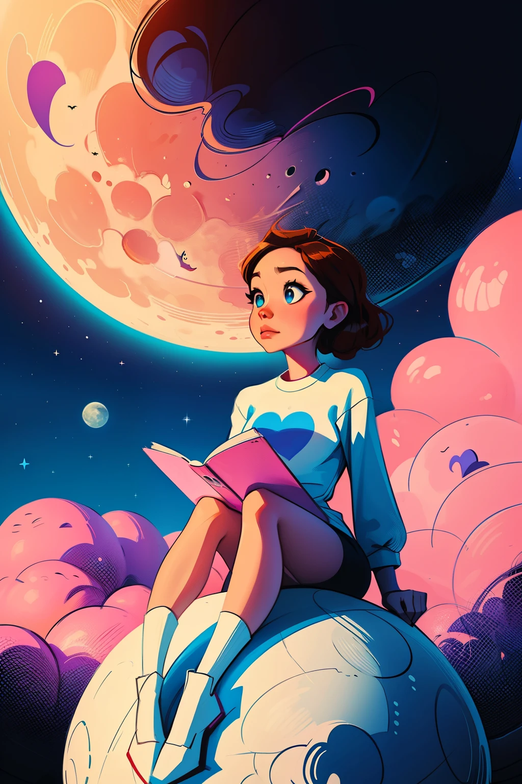 a cartoon girl sitting atop a large ball in front of a full moon, adorable digital painting, cute detailed digital art, digital anime illustration, cute digital art, cyril rolando and goro fujita, lois van baarle and rossdraws, cute art style , digital painting cartoon, sitting on a moon, beeple and jeremiah ketner, procreate illustrationo, heart shaped craters on the moon, blue moon